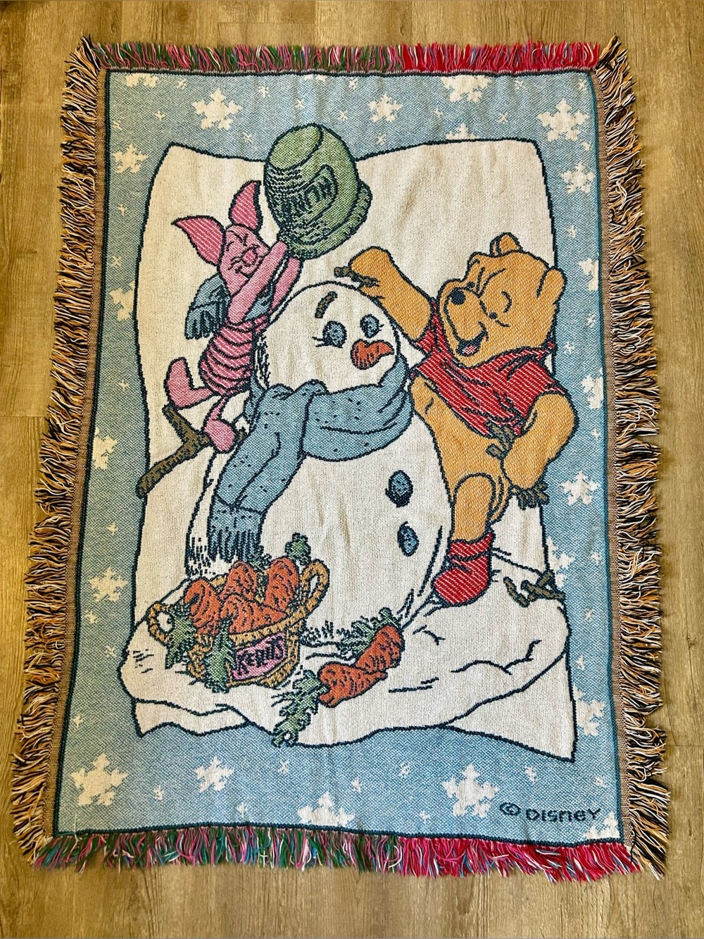 Disney Winnie The Pooh Piglet & Snowman Tapestry Woven Soft Baby Blanket 47”x35”